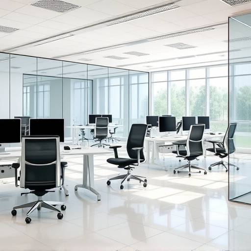 Fotografia di un ufficio moderno con scrivanie ergonomiche, sedie di design e pareti divisorie in vetro.