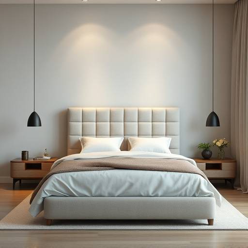 Fotografia di una camera da letto minimalista con letto matrimoniale, testiera imbottita e colori neutri.