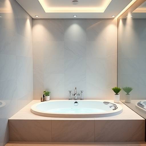 Immagine di un bagno moderno con vasca idromassaggio e illuminazione soffusa