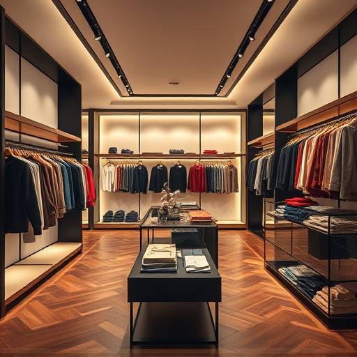 Immagine di un negozio di abbigliamento con illuminazione curata, espositori eleganti e pavimenti in parquet.