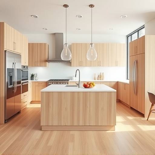 Immagine di una cucina moderna con isola centrale, finiture in legno chiaro e elettrodomestici in acciaio inox.