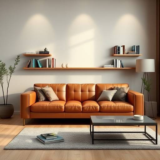Rendering 3D di un soggiorno moderno con divano in pelle e libreria a parete.