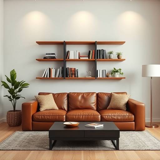 Rendering 3D di un soggiorno moderno con divano in pelle e libreria a parete.